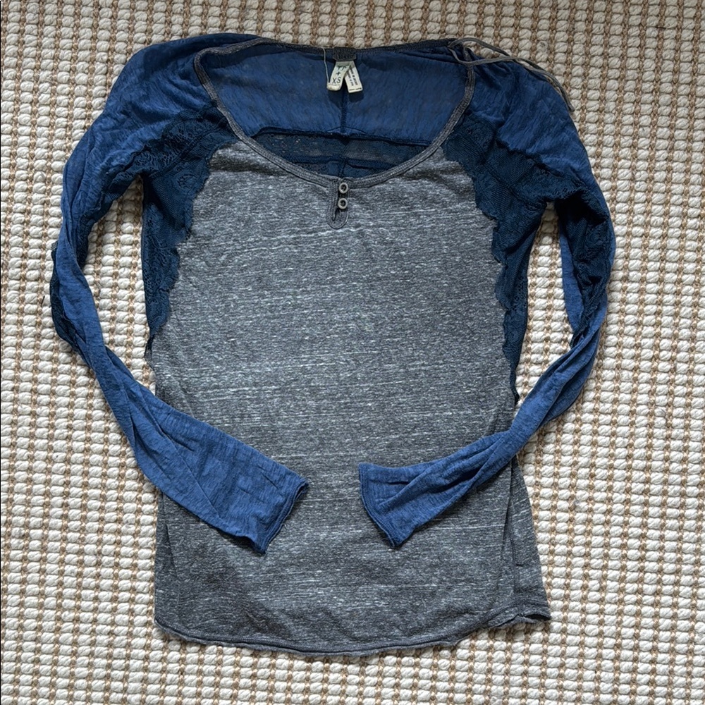 Free People Blue and Gray Long Sleeve Top